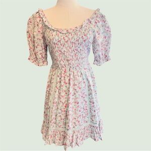 LOVESHACKFANCY Mint Green Pink Floral Smocked Mini Dress Ruffles & Puff Sleeves